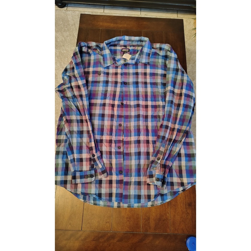 Patagonia Mens Pima Cotton Plaid Button UP Shirt Grazing Alpine Blue XXL